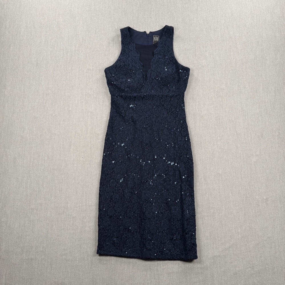 Nightway Navy Blue Sequin Lace Sheath Dress Scalloped V-Neck Sleeveless Size‎ 6